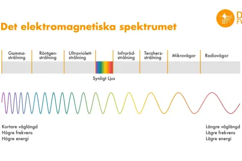 Diagrammet visar hur uppstår ljus och det elektromagnetiska spektrumet, från gammastrålning till radiovågor, med synligt ljus i mitten.