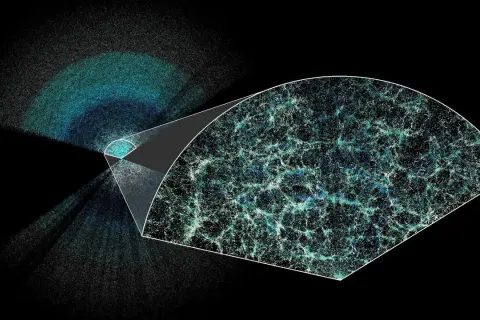 Visualisering av universums expansion. En detaljerad karta över galaxer visar hur de bildar ett nätverk, vilket illustrerar universums storskaliga struktur.