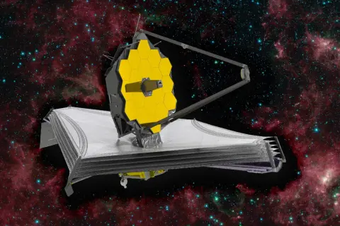 James Webb-teleskopet med sin gyllene spegel svävar i rymden bland stjärnor och nebulosor.
