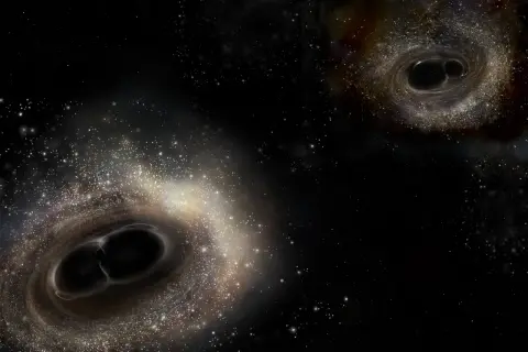 Två par svarta hål dras mot varandra i en virvel av stjärnor. Denna kosmiska dans av svart materia är hisnande.