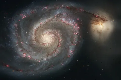 Två kolliderande galaxer, M51 och dess följeslagare. Deras namn är en del av universums fascinerande galaxer namn.