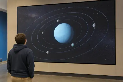 En person tittar på en stor skärm som visar uranus omloppsbana runt solen, med flera månar som kretsar kring planeten.