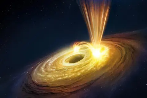 En svart hål som slukar materia, skapar en glödande ackretionsskiva och jetstrålar. Astrofysik i ljusets hastighet.
