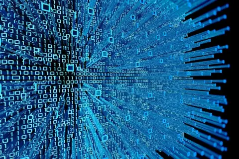 Blå binär kod som sträcker sig utåt, som en representation av dataöverföring eller kvantteleportering.