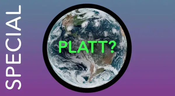 Jordens form ifrågasätts med texten "PLATT?" över en bild av jorden.