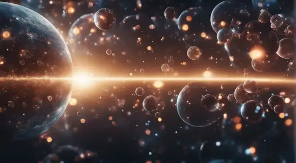 En glödande horisont delar upp en myllrande rymd av planeter och nebulosor, som bubblor i parallella universum.