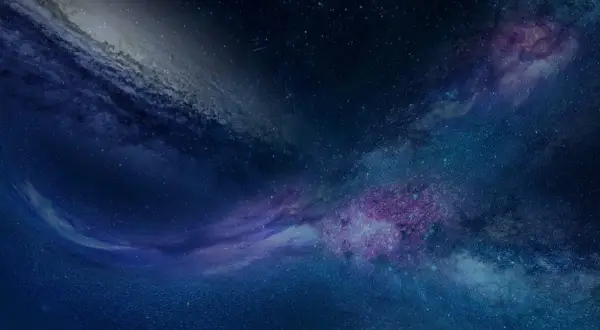 En djupblå rymd med virvlande nebulosor i lila och turkost, som påminner om den kosmiska bakgrundsstrålningen.