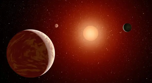 En konstnärlig representation av rymden med en stor, rödbrun planet i förgrunden. I bakgrunden syns en orange sol, en mindre planet och en grönaktig planet, kanske Proxima b, bland stjärnor.