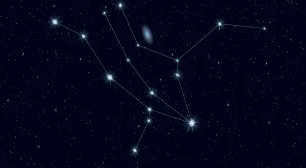 A constellation of stars connected by lines, with a faint galaxy in the background.