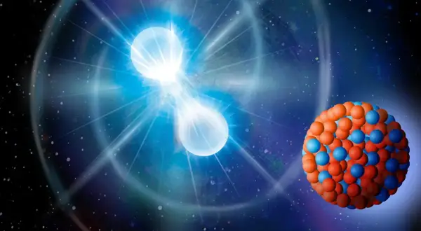 Två lysande objekt kolliderar i rymden, vilket skapar en våg av energi. Bredvid syns en modell av en atomkärna, en del av det kosmiska kretsloppet.