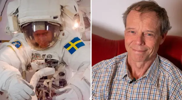 Christer Fuglesang i rymddräkt med svensk flagga och som en glad man i rutig skjorta.
