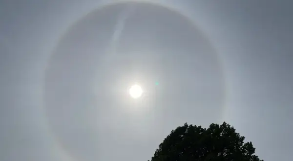 En vacker solring runt solen, ett optiskt fenomen som skapar en cirkel av ljus. En grönaktig prick syns också nära solen.