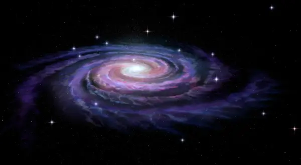 En spiralgalax med lysande armar av stjärnor och gas, som visar vad som består en galax av.