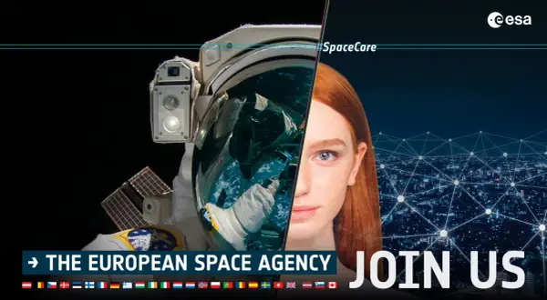 Astronaut i rymden och en kvinna möts. Rymdorgan ESA bjuder in till samarbete. #SpaceCare.