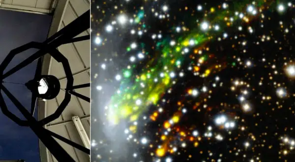 Teleskopets inre struktur mot en mörk himmel. Bredvid, en färggrann nebulosa med stjärnor, som får oss att undra hur många galaxer som finns där ute.
