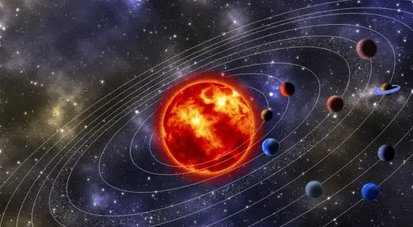 En sol med planeter i omloppsbana. Bilden ger en känsla av hur många planeter som finns i universum, även om det bara är ett solsystem som visas.