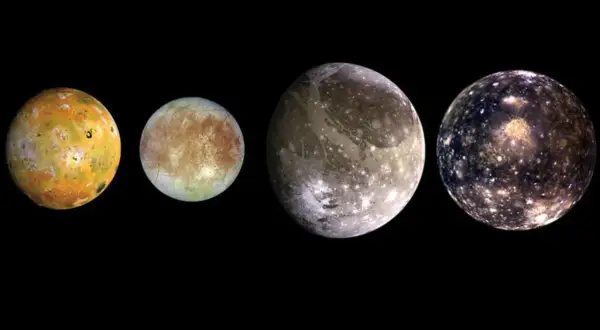 De galileiska månarna Io, Europa, Ganymedes och Callisto visas i rad mot en svart bakgrund.