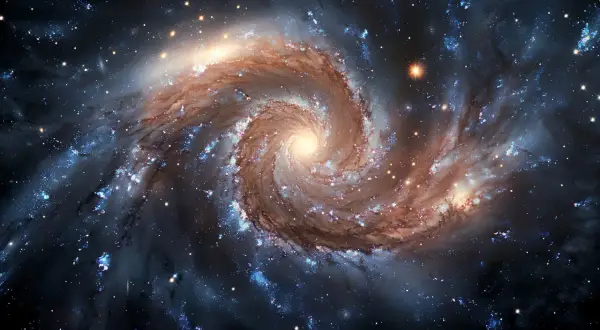 En virvlande galax med oregelbundna former, fylld av stjärnor och nebulosor.