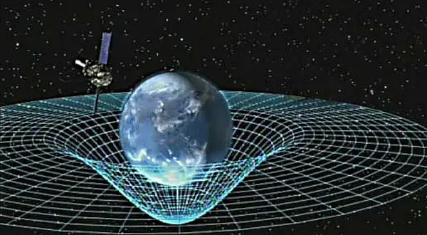 Jordens massa böjer rumtiden, en illustration av Einsteins relativitetsteori. En satellit observerar.