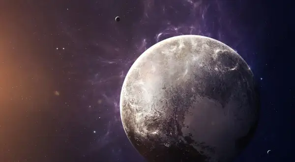 Pluto and its moon Charon in space with nebulae and stars.