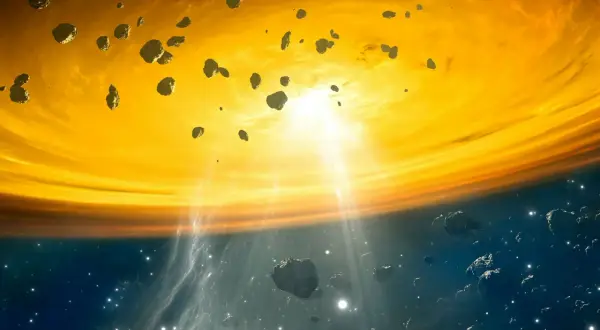 En virvlande skiva av gas och stoft, med asteroider som svävar, visar hur skapades solen.