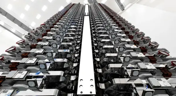 Rader av Elon Musks satelliter, redo för uppskjutning. En imponerande syn av framtidens internet.