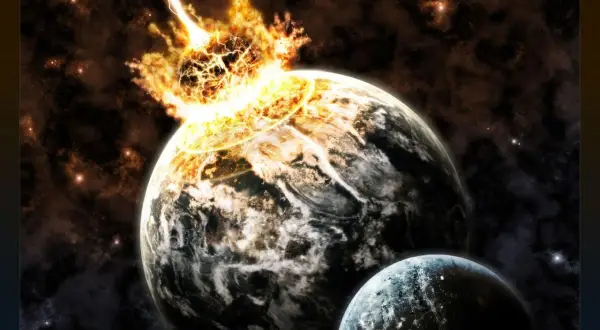 Enorm explosion på en planet, som om jorden går under. En annan mindre planet syns i förgrunden.