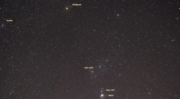 Stjärnhimlen med Betelgeuse, Rosette-nebulosan, NGC 2024, NGC 1977 och M42/3. Ingen hästnebulosa syns.