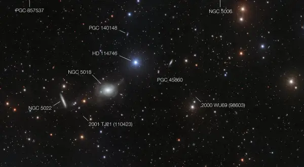 Mörk rymd med stjärnor och flera galaxer, inklusive elliptiska galaxer som NGC 5006.