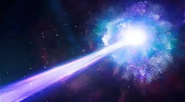 En stråle av laddade partiklar skjuter ut från en ljus, blå och lila nebulosa i rymden.