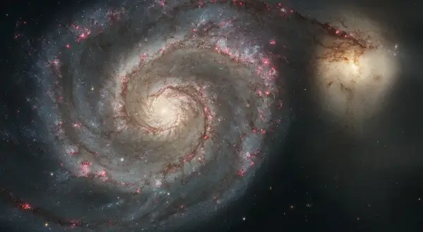 Två galaxer i en kosmisk dans. Den större, en spiralgalax med lysande armar, interagerar med en mindre, oregelbunden galax. Dessa former på galaxer visar universums dynamik.