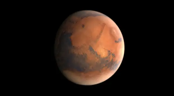 Mars massa, den röda planeten, med sina mörka och ljusa områden, svävar i rymdens svärta.