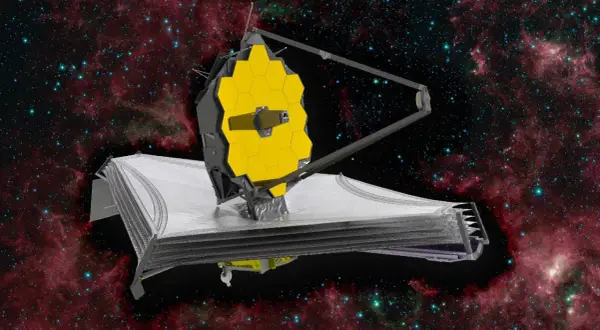 James Webb-teleskopet med sin gyllene spegel svävar i rymden bland stjärnor och nebulosor.