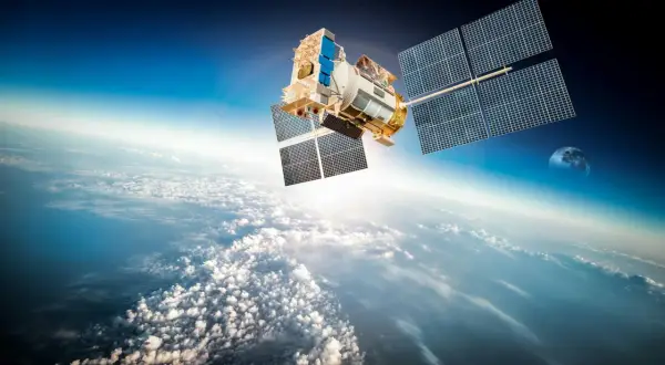 En satellit svävar över molnen. Hur många satelliter finns det egentligen i rymden? Månen syns i bakgrunden.