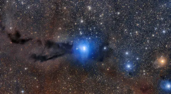 En blå nebulosa lyser upp mörka gasmoln, en fascinerande inblick i hur bildas en nebulosa.