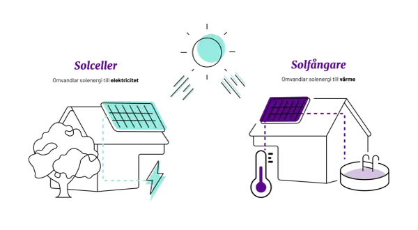 Diagram visar hur solceller omvandlar solljus till el och solfångare till värme. Solen består av gaser, vilket är grunden för vad solen består av.