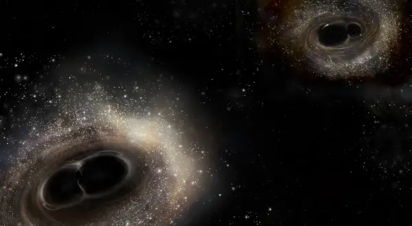 Två par svarta hål dras mot varandra i en virvel av stjärnor. Denna kosmiska dans av svart materia är hisnande.