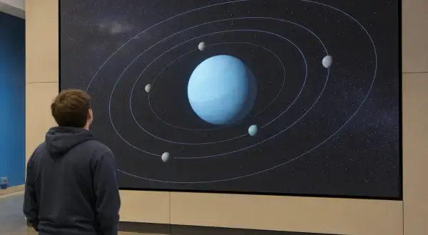 En person tittar på en stor skärm som visar uranus omloppsbana runt solen, med flera månar som kretsar kring planeten.