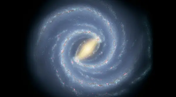En bild av Vintergatan, vår galax, med dess spiralarmar fyllda av stjärnor och gas. Solens hastighet är otrolig när den kretsar kring galaxens centrum.