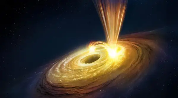 En svart hål som slukar materia, skapar en glödande ackretionsskiva och jetstrålar. Astrofysik i ljusets hastighet.