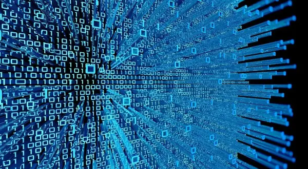 Blå binär kod som sträcker sig utåt, som en representation av dataöverföring eller kvantteleportering.
