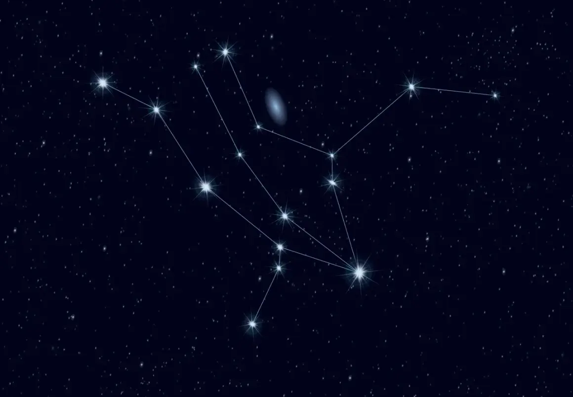 A constellation of stars connected by lines, with a faint galaxy in the background.