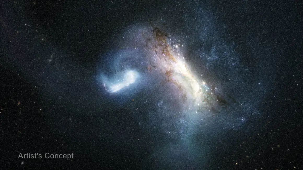 Konstnärlig tolkning av en galaxkollision, där gas och stjärnor virvlar. En del av vår egen vintergatan galax kan se ut så här i framtiden.