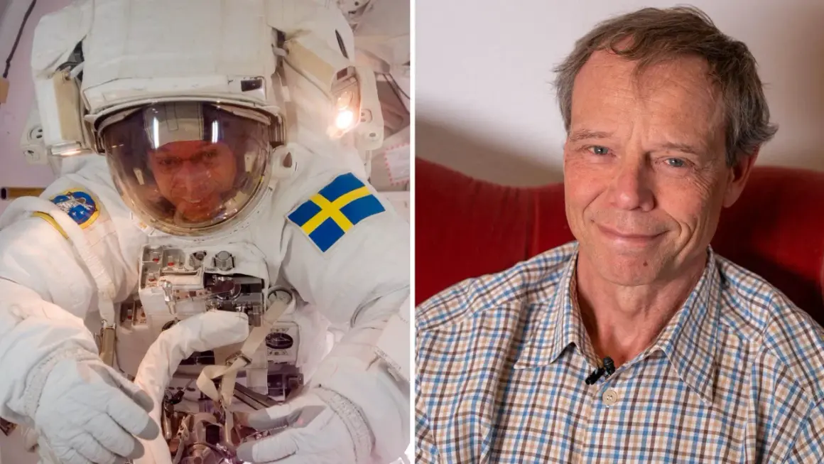 Christer Fuglesang i rymddräkt med svensk flagga och som en glad man i rutig skjorta.