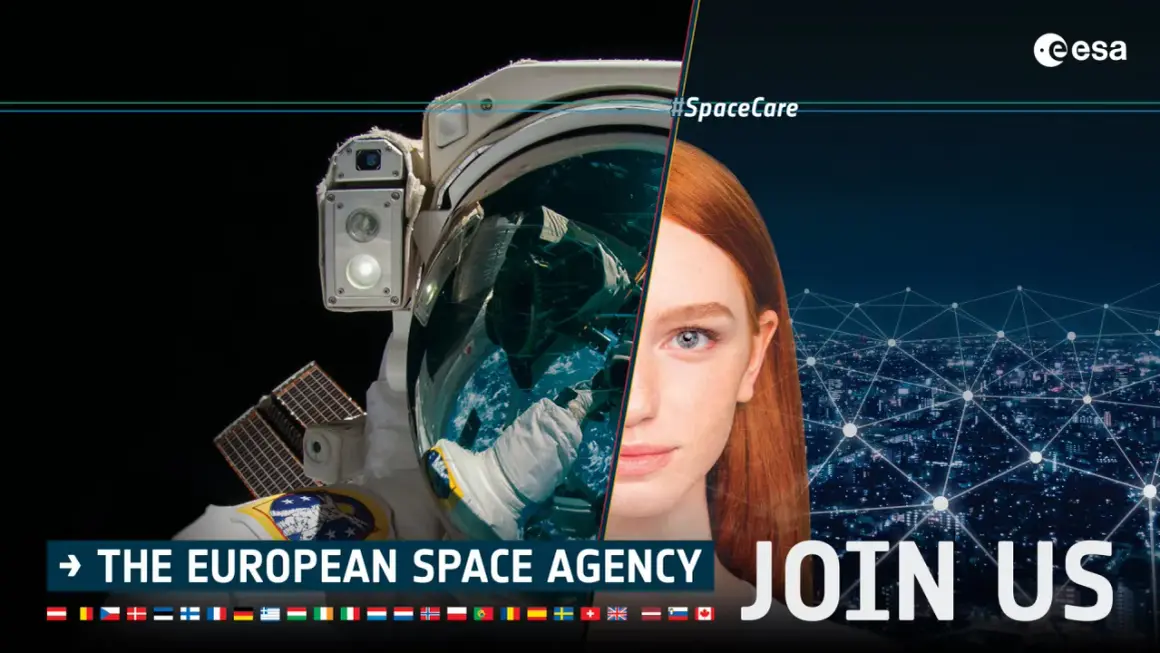 Astronaut i rymden och en kvinna möts. Rymdorgan ESA bjuder in till samarbete. #SpaceCare.