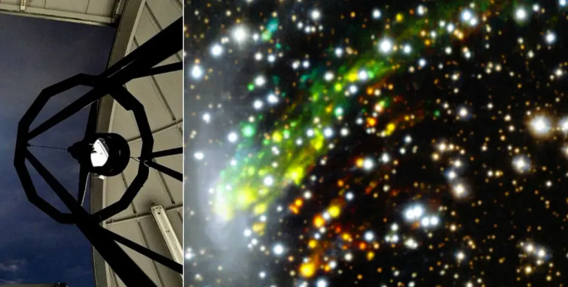 Teleskopets inre struktur mot en mörk himmel. Bredvid, en färggrann nebulosa med stjärnor, som får oss att undra hur många galaxer som finns där ute.