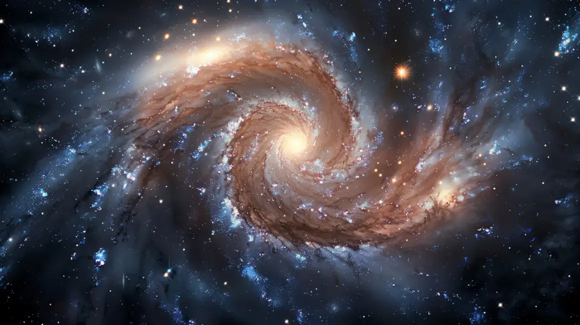 En virvlande galax med oregelbundna former, fylld av stjärnor och nebulosor.