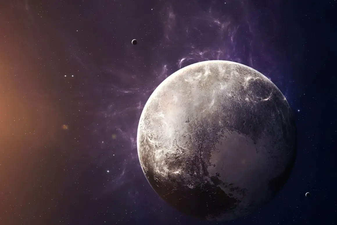 Pluto and its moon Charon in space with nebulae and stars.