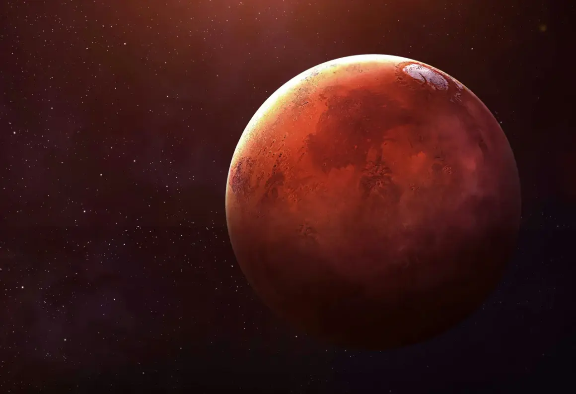 En rymdfarkost närmar sig Mars, den röda planeten, med stjärnor som glittrar i bakgrunden.