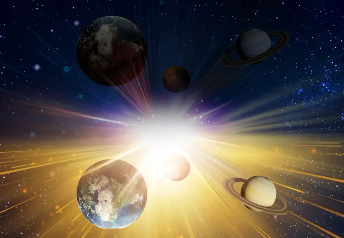 Planeter och stjärnor i ett kosmiskt skådespel, där en stor beng av ljus lyser upp universum.